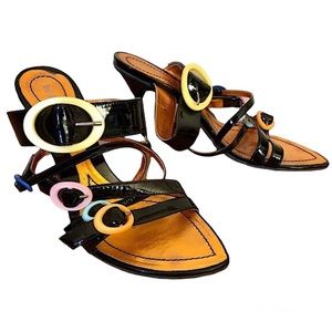Baldinini Vintage Y2K 90’s Colorful Rainbow Black Buckle Heels Sandals Size 38.5